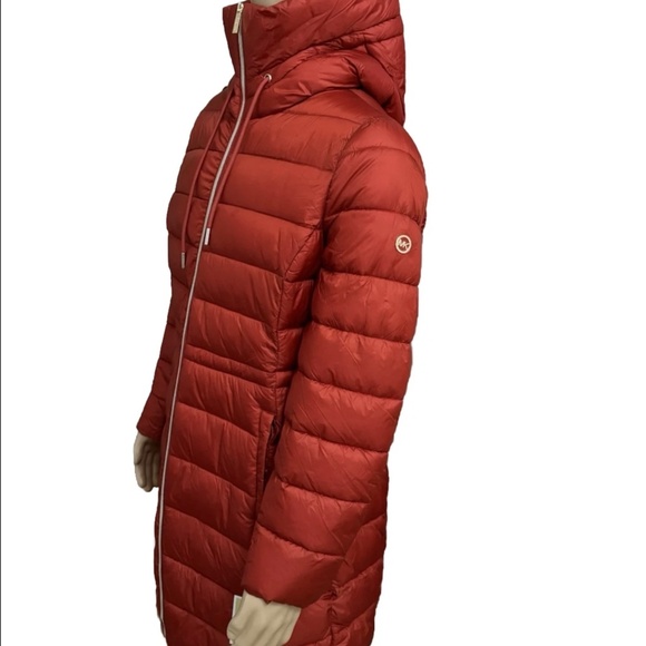 MK Michael Kors Bright Terracotta Women Coat Hooded Puffer Long Jacket XL - Picture 10 of 11